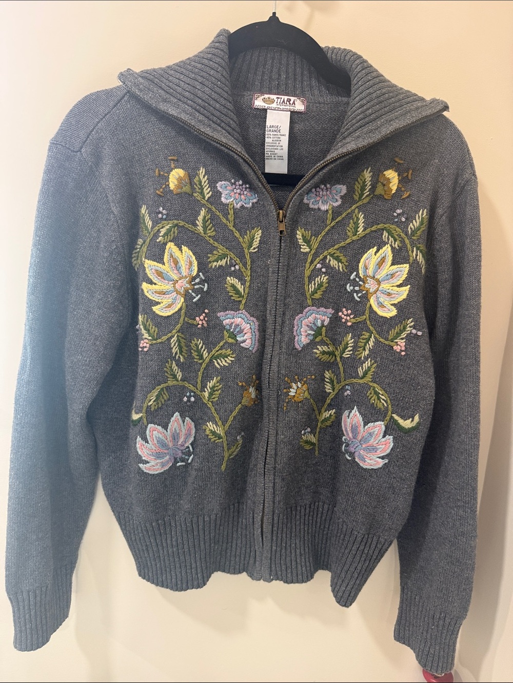 Tiara International Gray Floral Embroidered Zip Cardigan